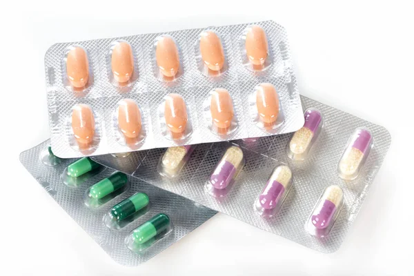 Piller Och Tabletter Vit Bakgrund — Stockfoto