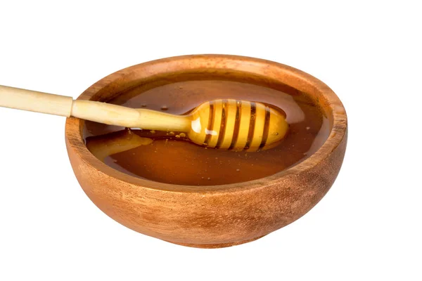 Honey Dipper Wooden Bowl Isolated White Background — Stock fotografie