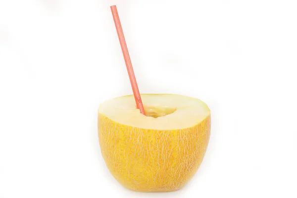 Fresh Ripe Melon Straw White Background — 스톡 사진