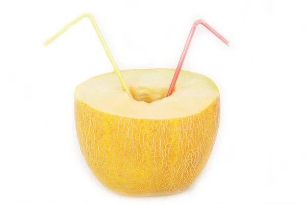 Straws Sliced Melon White Background — 스톡 사진