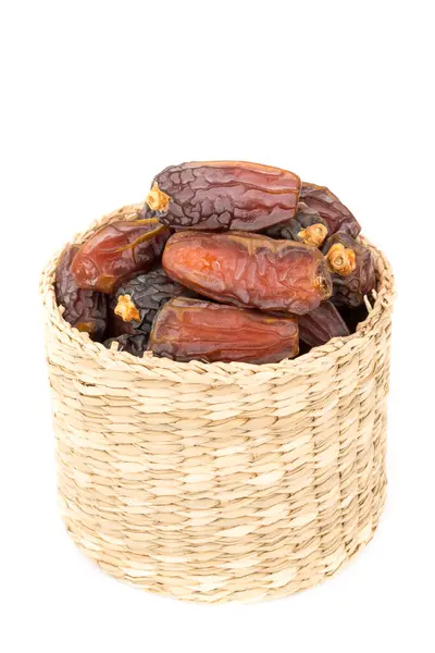 Close View Dried Dates Basket Isolated White Background — Stock fotografie