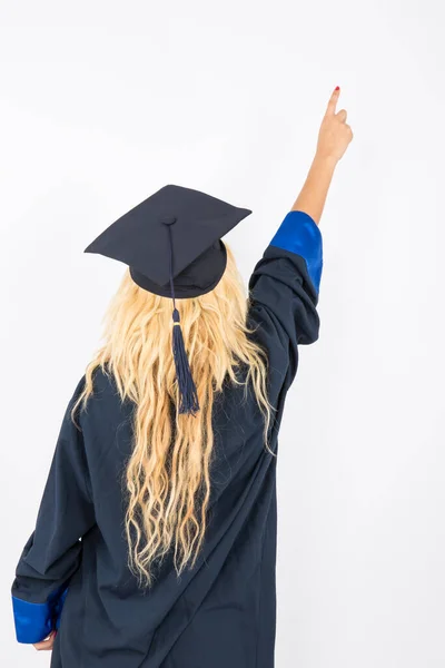 Young Girl Graduation Hat Holding Diploma White Background — ストック写真