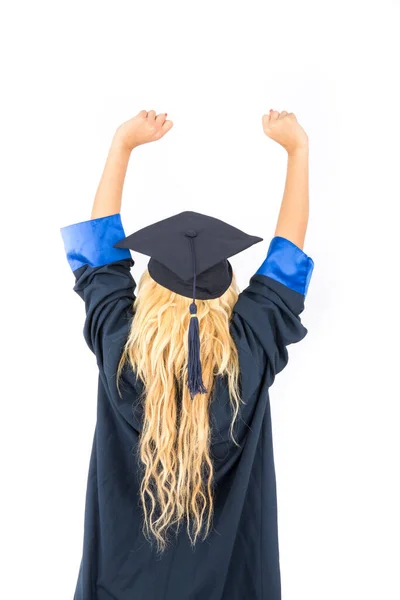 Young Girl Graduation Hat Holding Diploma White Background — Foto Stock