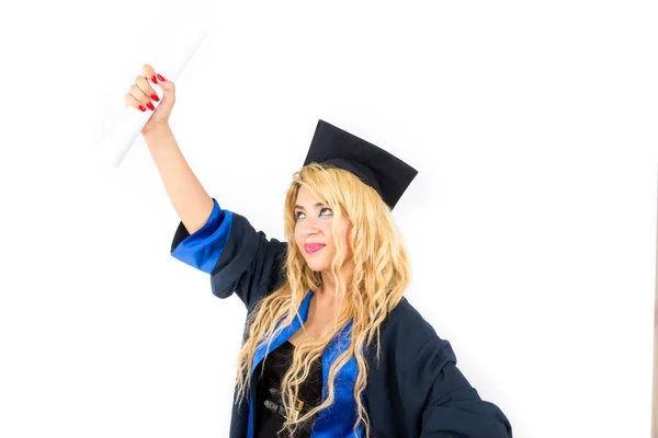Young Girl Graduation Hat Holding Diploma White Background — Fotografia de Stock