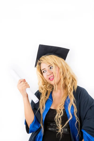 Young Girl Graduation Hat Holding Diploma White Background — Foto Stock