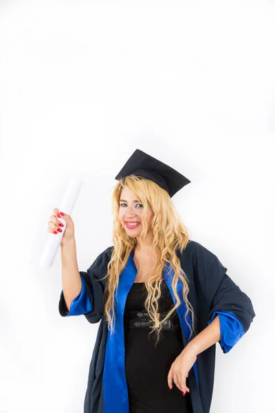Young Girl Graduation Hat Holding Diploma White Background — Foto Stock