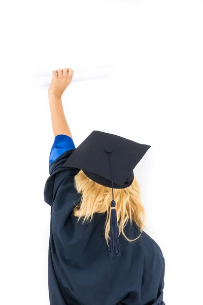 Young Girl Graduation Hat Holding Diploma White Background — ストック写真