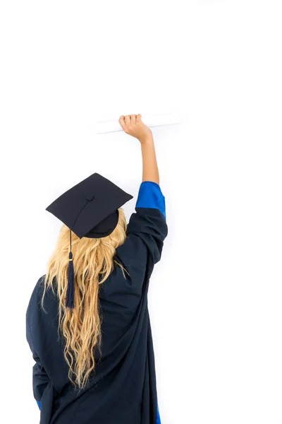 Young Girl Graduation Hat Holding Diploma White Background — ストック写真