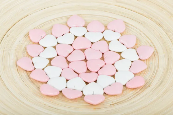 Pink Heart Shaped Marshmallow Wooden Background — стоковое фото