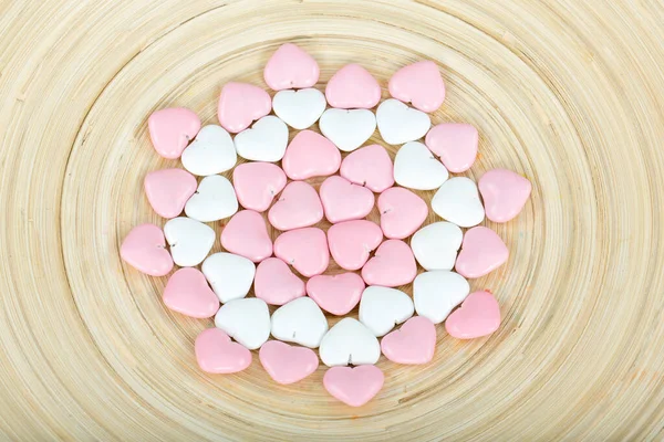 Pink Heart Shaped Marshmallow Wooden Background — 图库照片