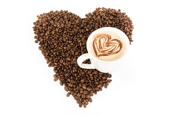 Heart coffee frame made of coffee beans on thw white background