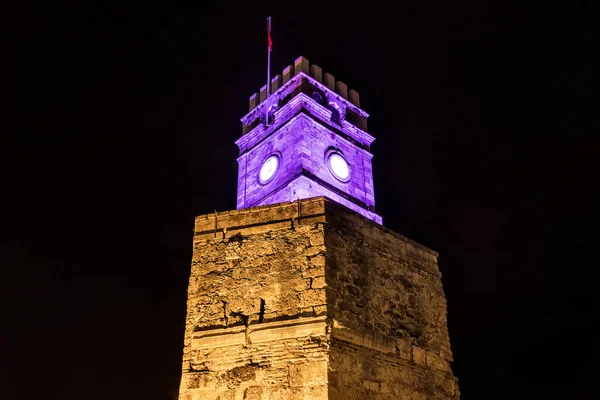 Night View Historical Clock Tower Antalya City Turkey — Foto Stock