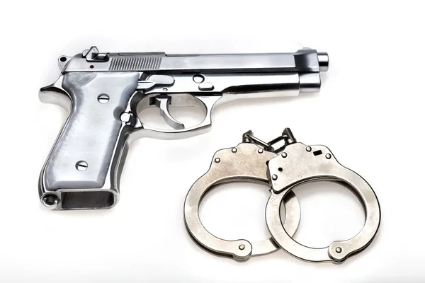 Handcuffs Pistol Isolated White Background — Zdjęcie stockowe