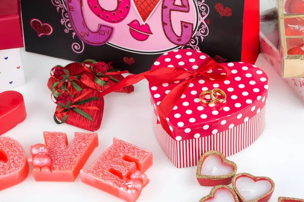 Valentine Day Concept Background Gift Boxes Red Hearts — Stockfoto