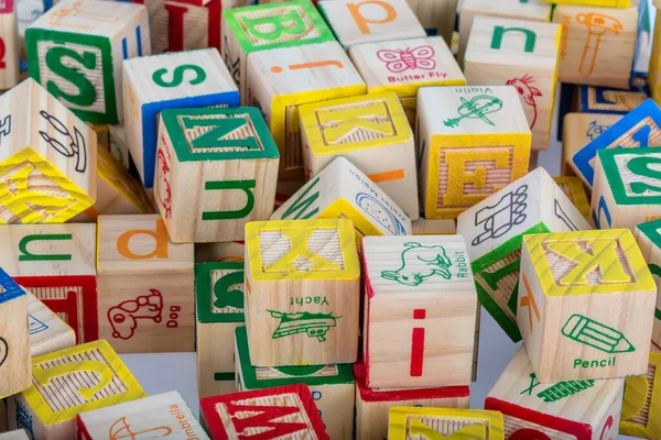 Wooden Toy Blocks Letters Isolated White Background Close — Fotografia de Stock