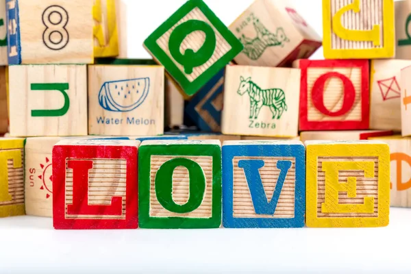 Wooden Toy Blocks Letters Isolated White Background Close — Fotografia de Stock