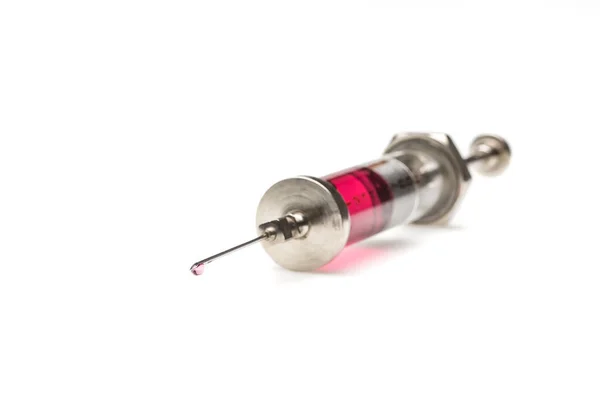 Big Metal Syringe White Background — Stockfoto