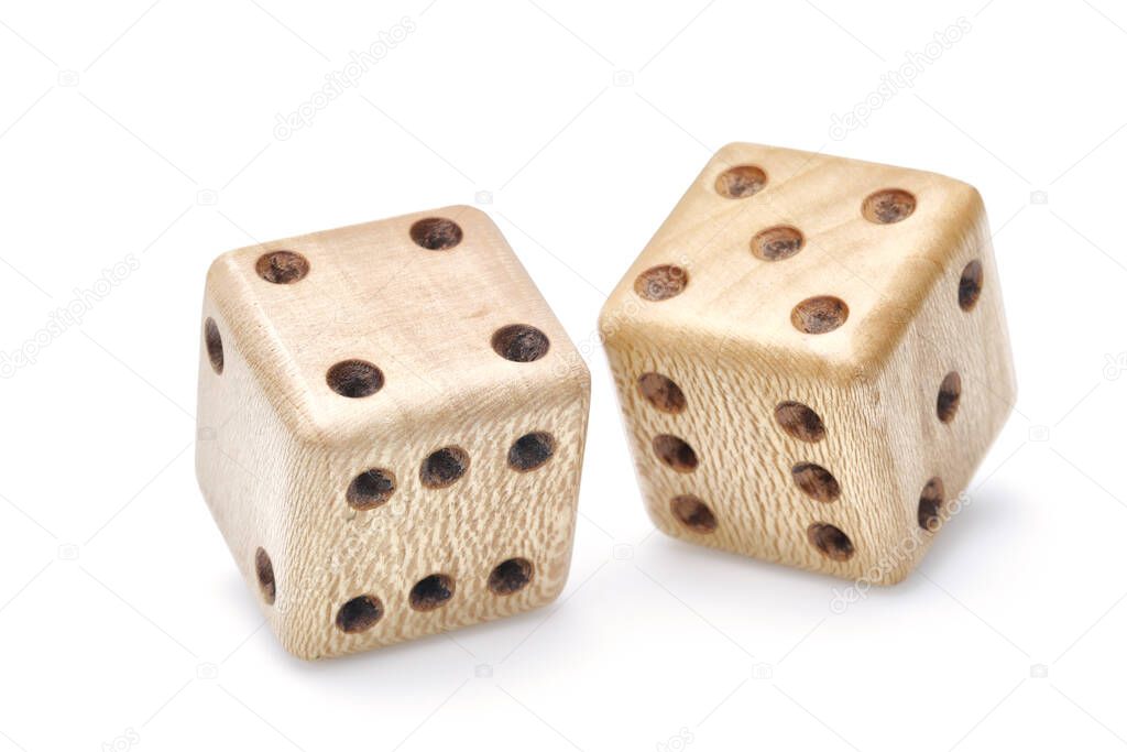 Pair of wooden dice on white baground.