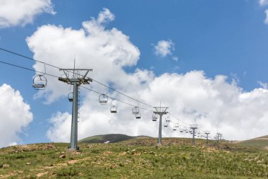 view of the cable car in the mountain peaks on a sunny day.