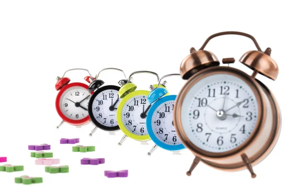Relógios Alarme Isolados Sobre Fundo Branco — Fotografia de Stock