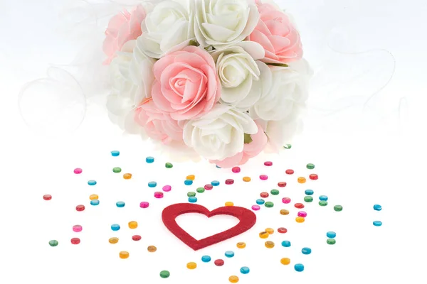 Pink Roses Heart Shape White Background — Foto Stock