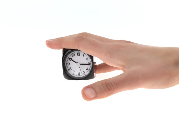 Hand Holding Clock Isolated White Background Rechtenvrije Stockfoto's