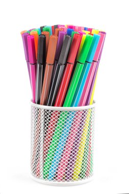 colorful pens in a row on white background