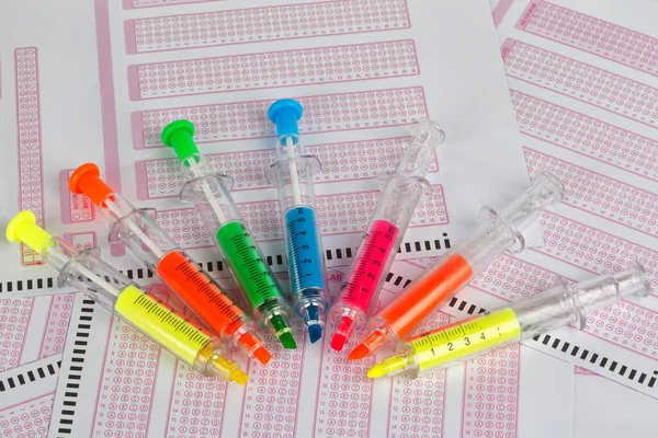 Set Syringes Shaped Markers Lotto Tickets — 스톡 사진