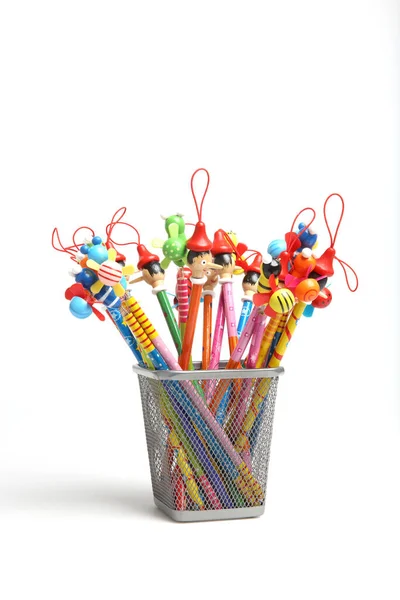 Many Colorful Pencils Plastic Box Isolated White Background — Stock Photo, Image