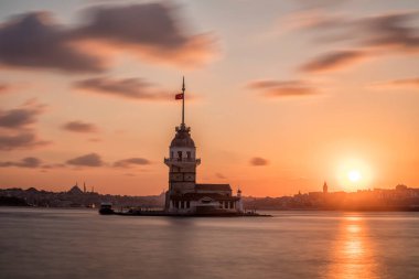 Istanbul, Turkey-July 27, 2019: illuminated Maiden's Tower at the sunset