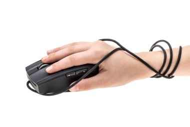 female hand holding mouse with black computer isolated on white background