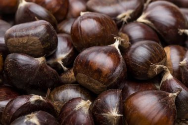 Kestane soyutlanmış. Beyaz arka planda Noel için kavrulmuş tatlı kestaneler. Üst Manzara. Türkiye sokak yiyecekleri