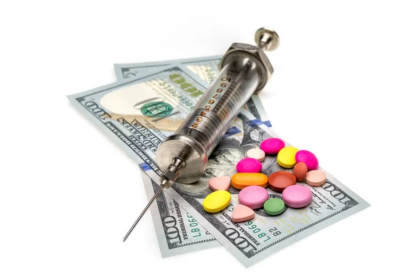 Different Type Drugs Cocaine Heroin Syringe Dried Cannabis Dollars Table — Stock Photo, Image