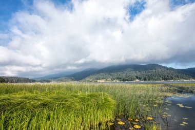 Dağlarda gölü olan güzel bir manzara.