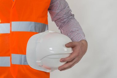 man with a helmet holding a white background