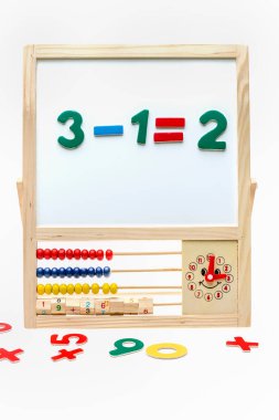 abc board with numbers and abacus isolated on white background