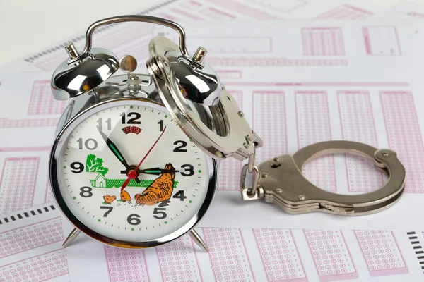 Alarm Clock Handcuffs Documents Background — Foto de Stock