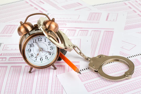 Alarm Clock Handcuffs Documents Background — Foto de Stock