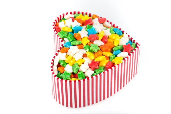 Colorful Candies Heart Shaped Box White Background — Stok Foto