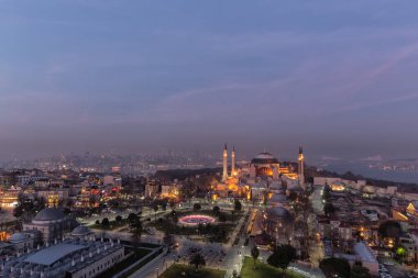 The cityscape with illuminated Hagia Sophia mosque  