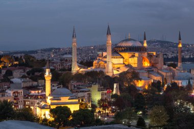 The cityscape with illuminated Hagia Sophia mosque  