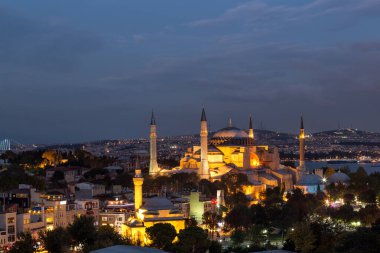 The cityscape with illuminated Hagia Sophia mosque  