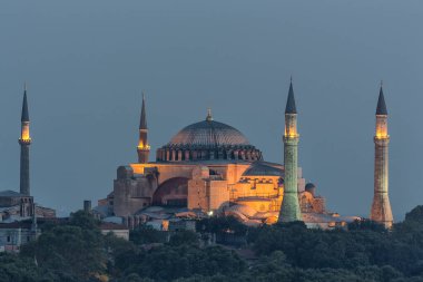 The Sunset view of Hagia Sophia is officially the Hagia Sophia Grand Mosque in Istanbul, Turkey.