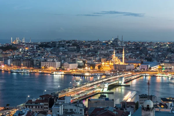 view of the galata tower and the port of parliament, istanbul. night panorama.