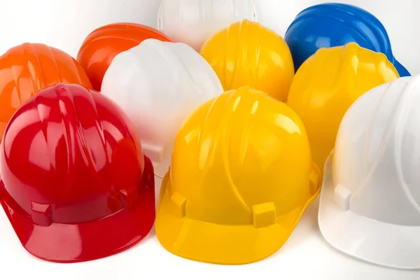 White Yellow Blue Hard Safety Helmet Hat Safety Project Workman — Stock Photo, Image