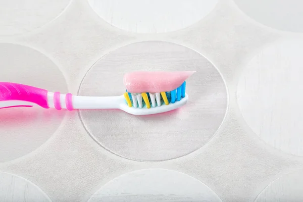 Toothbrushes Green Pink Toothpastes Color Background — Stock Photo, Image