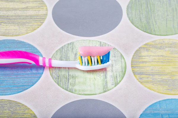 Toothbrushes Green Pink Toothpastes Color Background — Stock Photo, Image