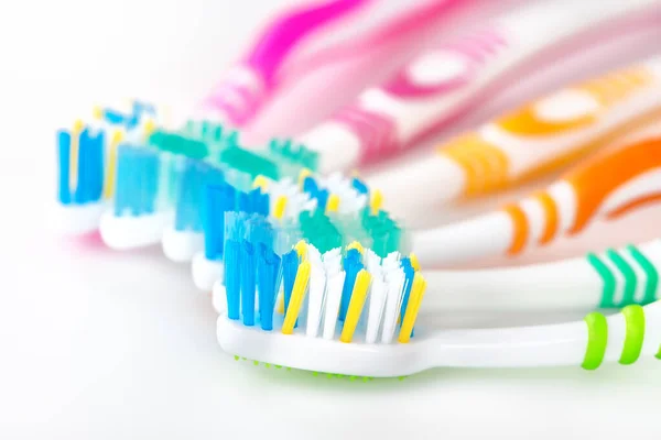 Red Yellow Blue Green Toothbrushes Taking Care Teeth Dental Concept — Stock Photo, Image