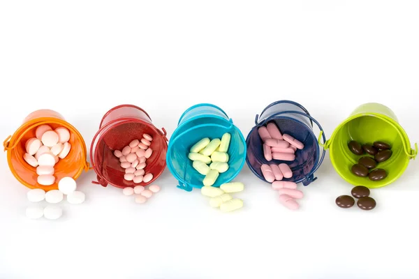 Various Pills Small Buckets Health Concept — Stockfoto