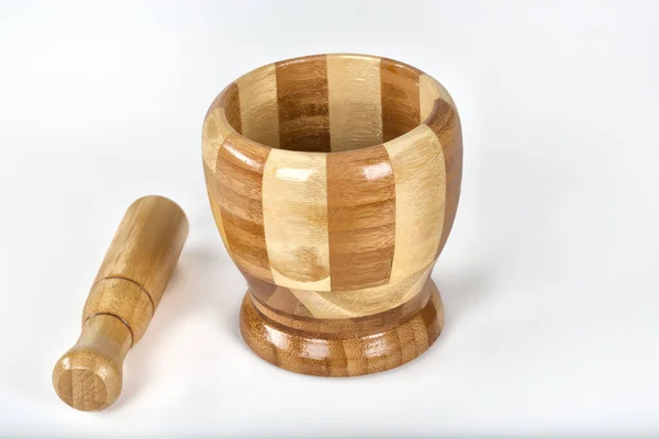 Wooden Bowl Wood Mortar Pestle Isolated White Background — 스톡 사진